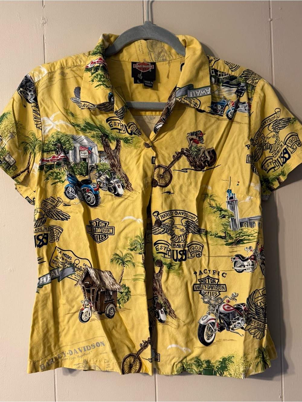 Harley-Davidson Hawaiian Aloha Button Up Yellow Made in Hawaii Fits Mens S/M